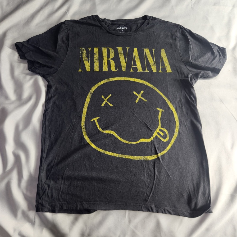 Old Navy Nirvana Smiley Face Graphic T-Shirt Black Band Tee
